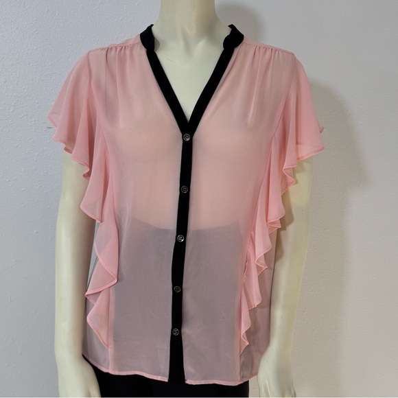 Y2K Vintage Amy Wear Sheer Ruffle Button Down in Pink/Black - Picture 1 of 12